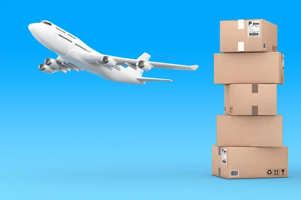 Cardboard Parcel Boxes Stacked on Each Other with White Airplane — 스톡 사진