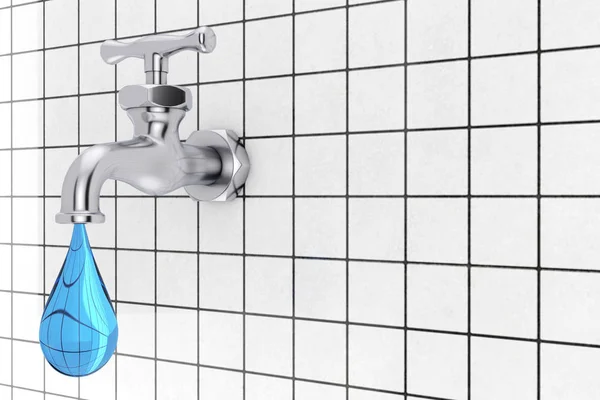 Chrome Water Tap with Blue Water Drop in front of Tiles Wall. 3d — 스톡 사진