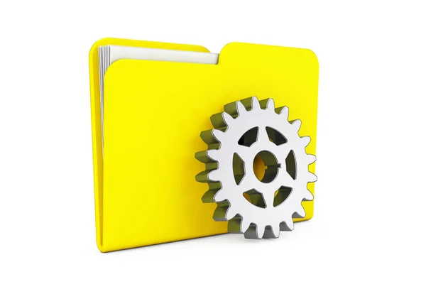 Roda de engrenagem cromada na frente do ícone da pasta amarela. Renderização 3d — Fotografia de Stock