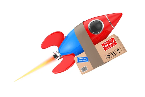 Fast Delivery Concept. Funny Rocket with Parcel Box. 3d Renderin — 스톡 사진