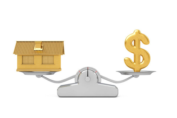 Golden Dollar Sign with Golden House Balancing on a Simple Weigh