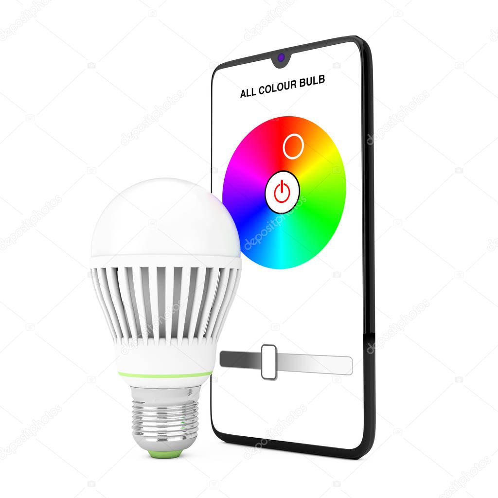 Smart LED Bulb Controlled by Mobile Phone Smartphone. 3d Renderi