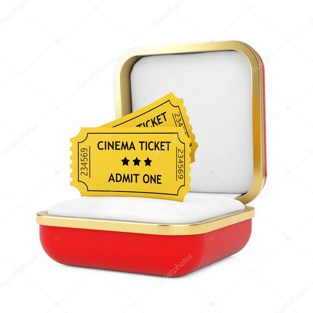 Two Yellow Cinema Tickets in the Red Gift Box. 3d Rendering