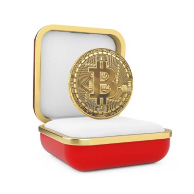 Kırmızı hediye kutusunda bulunan Sanal Altın Kriptopara Birimi Bitcoin Parası beyaz arka planda. 3d Hazırlama