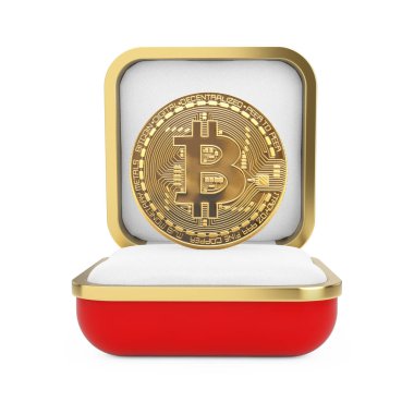 Kırmızı hediye kutusunda bulunan Sanal Altın Kriptopara Birimi Bitcoin Parası beyaz arka planda. 3d Hazırlama
