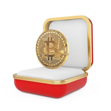 Kırmızı hediye kutusunda bulunan Sanal Altın Kriptopara Birimi Bitcoin Parası beyaz arka planda. 3d Hazırlama