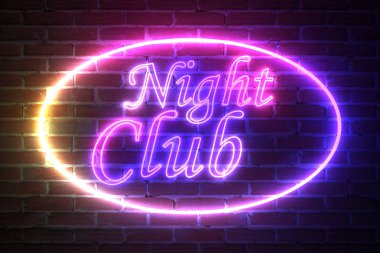Tuğla duvarın önünde Gece Kulübü tabelası olan Elipse Neon Light Frame. 3d Hazırlama