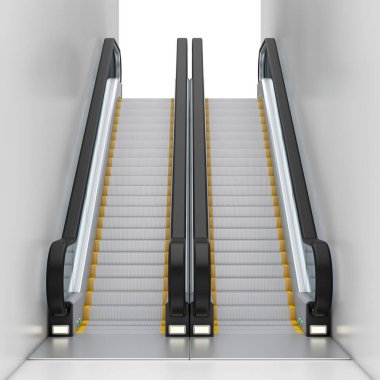 Beyaz arka planda modern yürüyen merdiven ya da iki duvar arasındaki elektrikli merdiven. 3d Hazırlama