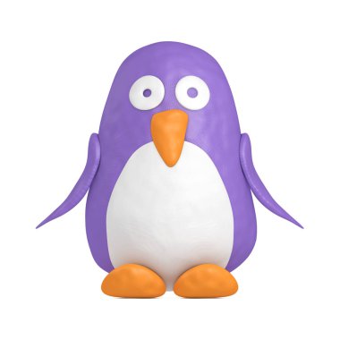 Sevimli Violet ve Beyaz Oyuncak Çizgi Filmi Plastikleri mi yoksa beyaz arka planda Clay Penguen mi? 3d Hazırlama