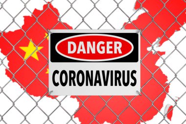 2019-ncov Coronavirus İşareti. Beyaz arkaplanlı, Çin Haritası 'nın önünde kablolu telle imzalanmış. 3d Hazırlama