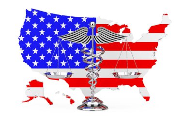 Medikal Caduceus Sembolü beyaz arka planda Usa Haritasının önündeki ölçekler olarak gösterilir. 3d Hazırlama