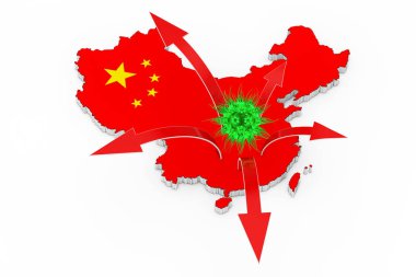 Ölümcül 2019 - ncov Wuhan Corona Virüsü Çin Haritası ve Hastalık Okları Yayılımı ile beyaz arka planda. 3d Hazırlama