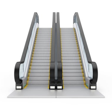 Beyaz arka plan üzerinde Modern Yürüyen Merdiven veya Elektrikli Merdivenler. 3d Rendering