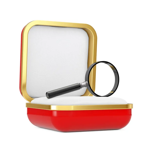 Magnifying Glass Red Gift Box Fundo Branco Renderização — Fotografia de Stock