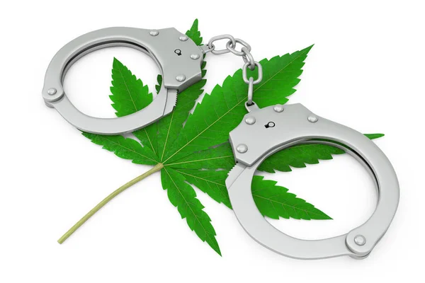 Metalowe Kajdanki Medyczną Marihuaną Lub Liściem Konopi Indyjskich Białym Tle — Zdjęcie stockowe