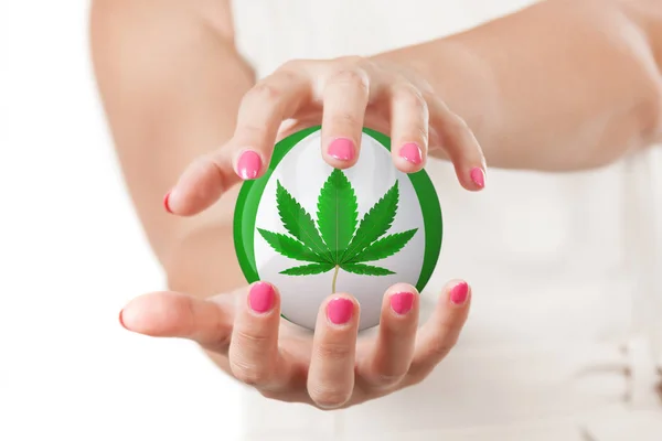 Två Woman Hands Skydda Sfär Med Medical Marijuana Eller Cannabis — Stockfoto