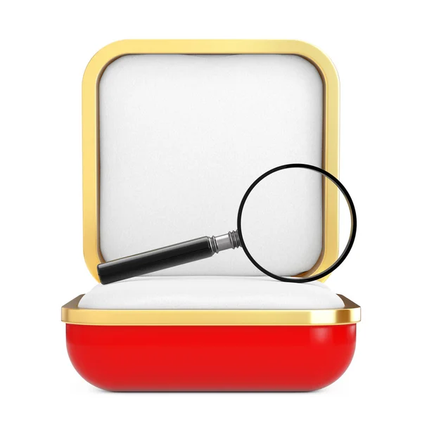 Magnifying Glass Red Gift Box White Background Rendering — Stock Photo, Image