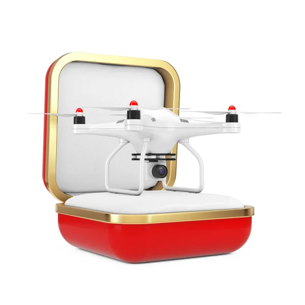 Air Drone Camera Red Gift Box Білому Тлі Рендеринг — стокове фото