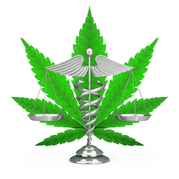 Medical Caduceus Symbol Scales Front Medical Marijuana Cannabis Hemp Leaf — Stock Photo, Image