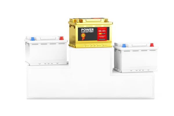 镀金充电式汽车蓄电池12V带抽象标签的蓄电池和另外两个在白底上的黏土风格的蓄电池 3D渲染 — 图库照片