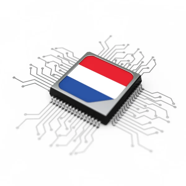 Processador Cpu Microchip Com Circuito Bandeira Holanda Fundo Branco Renderização — Fotografia de Stock