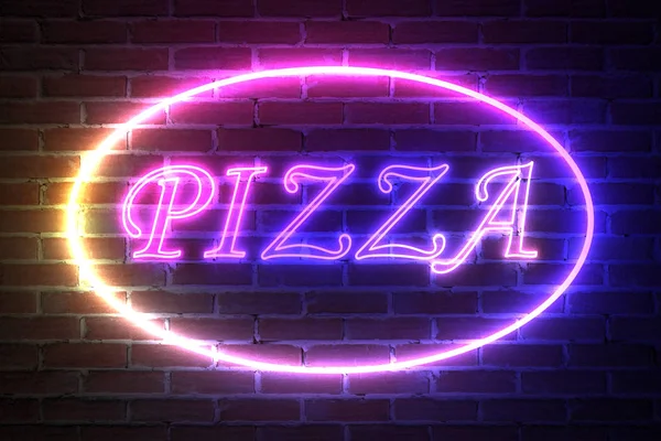 Ellipse Neon Light Frame with Pizza Sign in front of brick wall. 3d Rendering