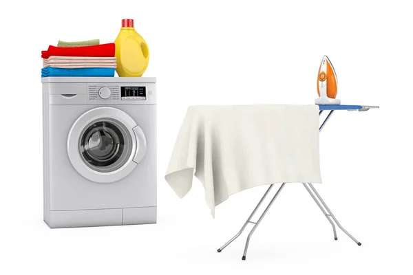 다리미와 세제가든 흰옷이 현대식 세탁기 근처의 식탁보를 사용하는 것이다 렌더링 — 스톡 사진