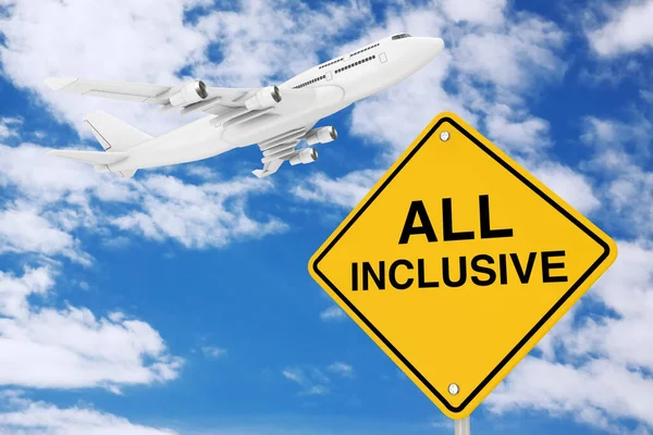 All Inclusive Traffic Sign Med White Jet Passenger Airplane Blå — Stockfoto