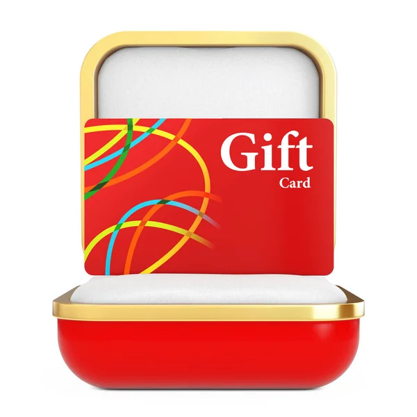 赤いギフトボックスの赤いギフトカードは白い背景にあります 3Dレンダリング — ストック写真