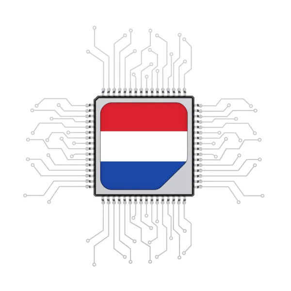 Processador Cpu Microchip Com Circuito Bandeira Holanda Fundo Branco Renderização — Fotografia de Stock
