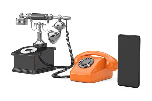 Technológiai Evolúciós Koncepció Haladás Retro Rotary Phone Ról Mobiltelefonra Fehér — Stock Fotó