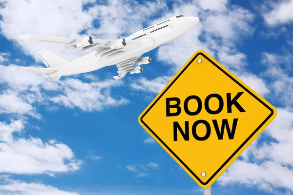 Boka Trafikskylt Med White Jet Passenger Airplane Blå Himmel Konvertering — Stockfoto