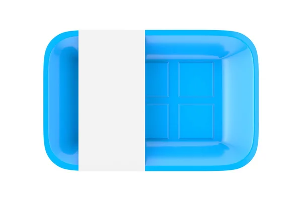 Paquete Bandeja Contenedor Plástico Azul Vacío Con Etiqueta Blanco Para —  Fotos de Stock