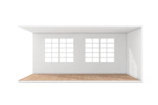 空房间的内部 大窗户和木制地板的白色背景 3D渲染 — 图库照片