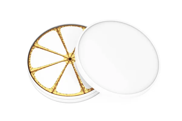 Pedaço Queijo Folha Dourada Etiqueta Branca Branco Com Espaço Livre — Fotografia de Stock