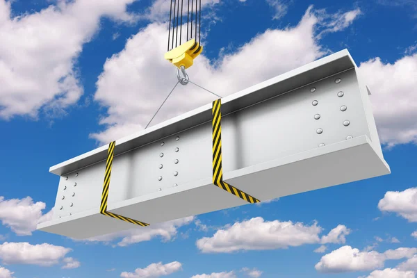 Crane Hook Lifting Steel Beam Blue Sky Background Rendering — Stock Photo, Image