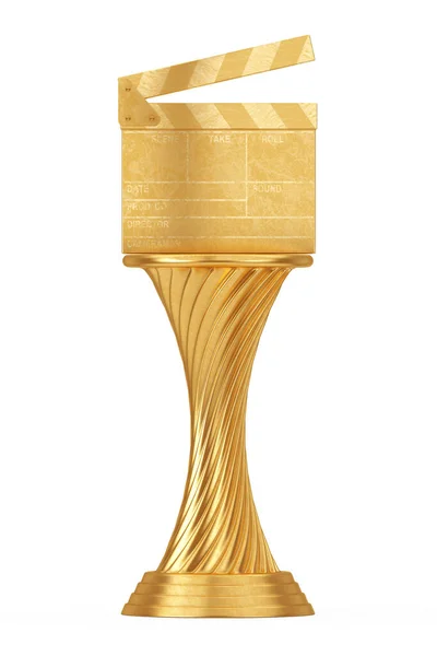 映画賞のコンセプト ゴールデン賞トロフィームービー白い背景にスレートクラッパーボード 3Dレンダリング — ストック写真