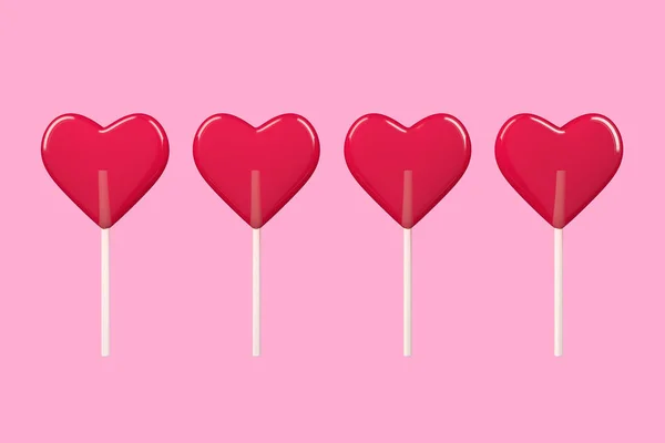 Έννοια Αγάπης Red Heart Lollipop Candy Ροζ Φόντο Απόδοση — Φωτογραφία Αρχείου