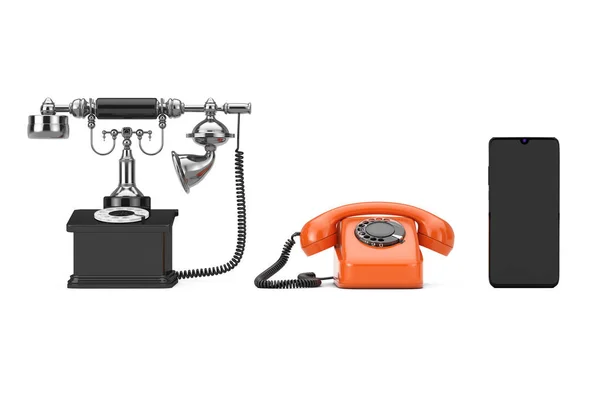 Technologie Evolution Concept Průběh Retro Rotačního Telefonu Mobilnímu Telefonu Bílém — Stock fotografie