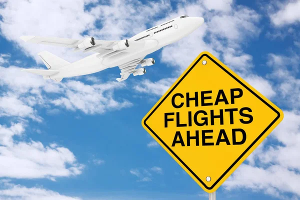 Billiga Flyg Före Trafik Skylt Med White Jet Passenger Airplane — Stockfoto
