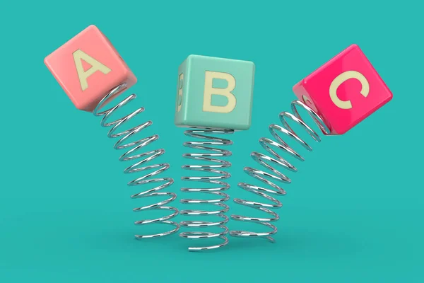Abc Cubes Springen Met Lente Een Blauwe Achtergrond Rendering — Stockfoto