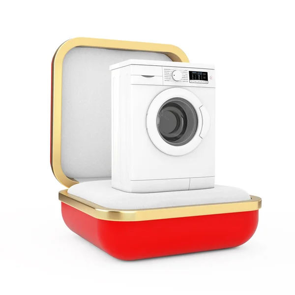 红色礼品盒中白色背景的现代白色洗衣机 3D渲染 — 图库照片