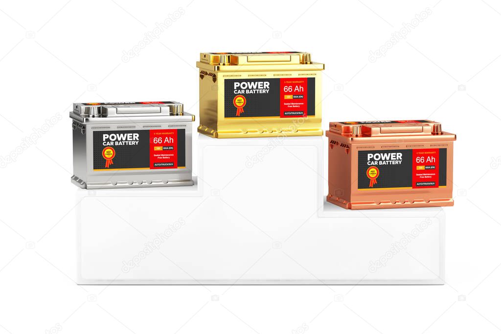 Gold, Silver and Bronze Rechargeable Car Battery 12V Accumulator with Abstract Label over Sport Winner Podium Pedestal on a white background. 3d Rendering