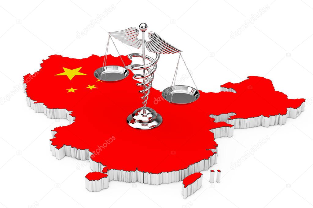 Medical Caduceus Symbol as Scales over China Map and Flag on a white background. 3d Rendering