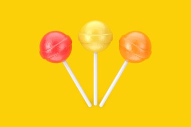Tatlı Candy Multicolour lolipopları sarı arka planda. 3d Hazırlama