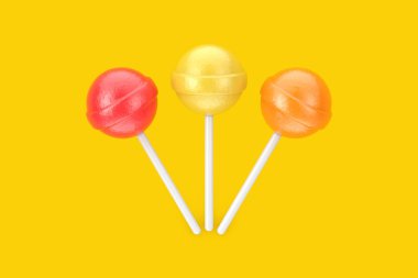 Sweet Candy Multicolour Lollipops on a yellow background. 3d Rendering clipart