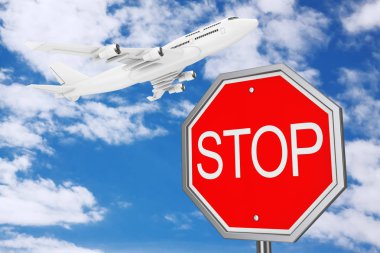 Mavi arka planda Beyaz Jet Yolcusunun Uçağı ile Trafik Tabelasını Durdur. 3d Hazırlama