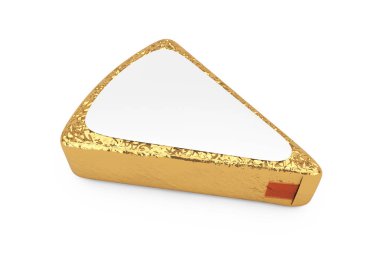Altın folyoda bir parça peynir ve beyaz arka planda Tasarımınız İçin Boş Alan etiketi. 3d Hazırlama
