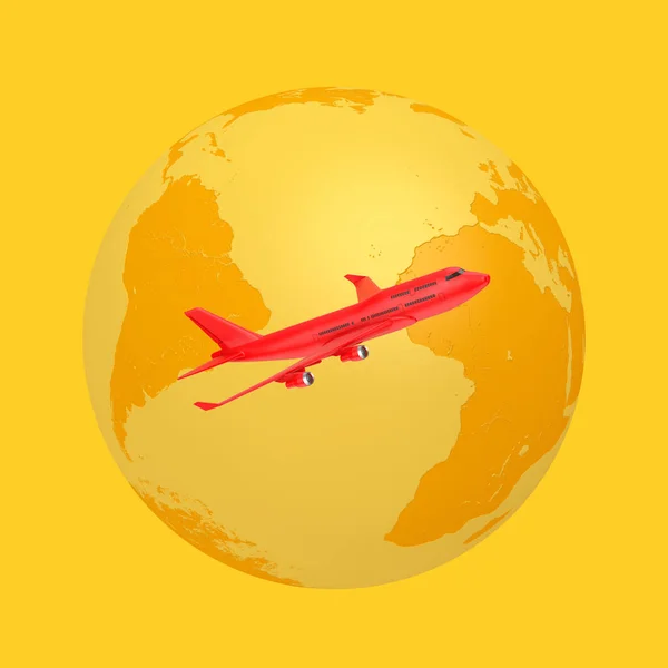 Yellow Earth Globe Samolotem Red Jet Passenger Airplane Stylu Duotone — Zdjęcie stockowe