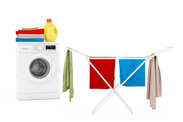 바탕에 세제가든 뭉치들이 하얀색 현대식 세탁기 근처에서 쇠천으로 입는다 렌더링 — 스톡 사진
